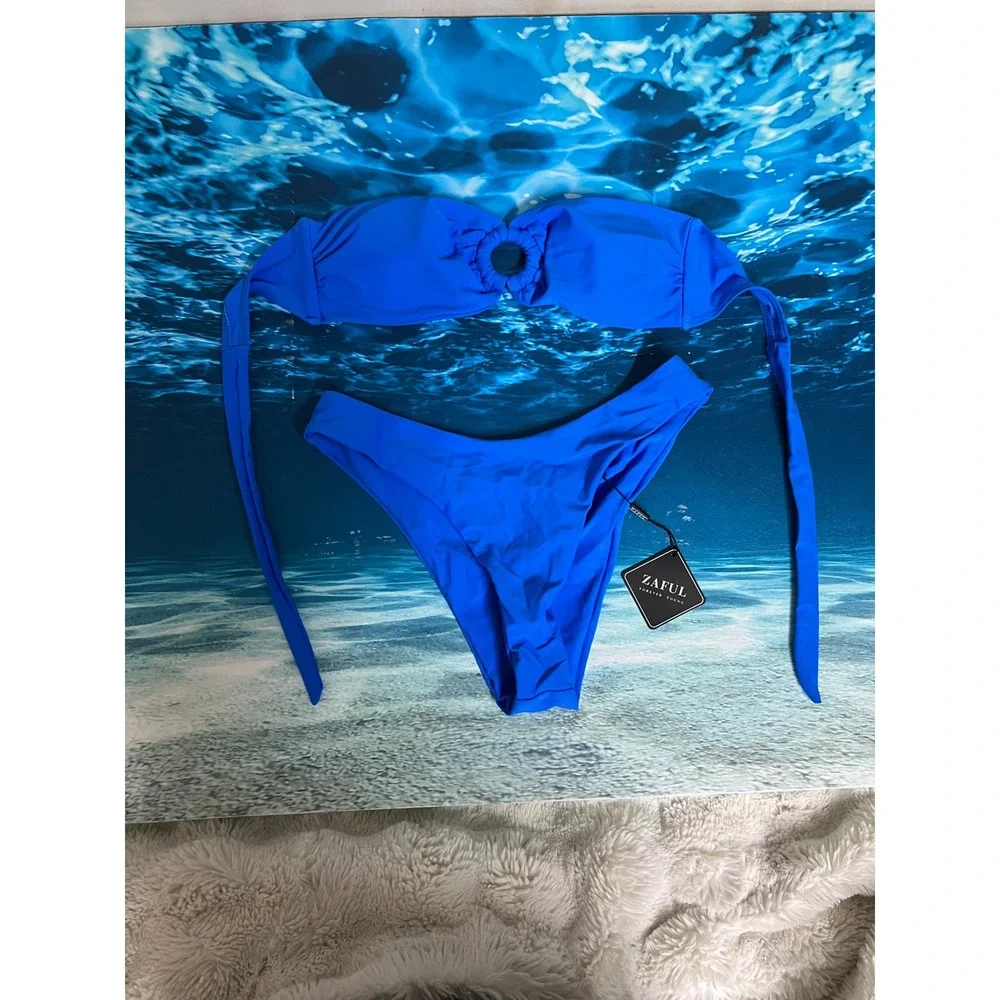 ☀️Zaful Blue O-Ring Bandeau Bikini Set High Cut Swimsuit NWT